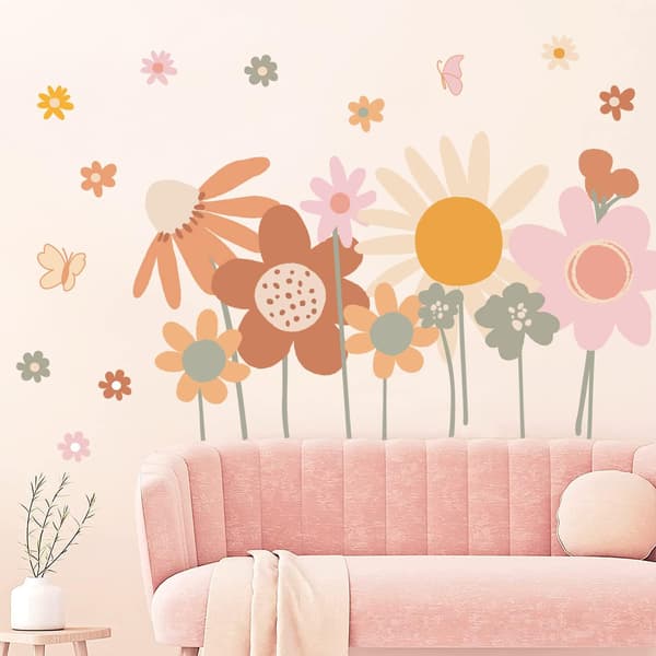 Färgglada blommor väggdekal retro boho blommor väggdekaler väggdekor för vardagsrum sovrum hemmakontor