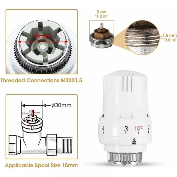 Sett med 4 termostatiske hoder, termostatisk radiatorventil, termostatisk radiatorhode, termostatisk radiatorventil M30 x 1,5