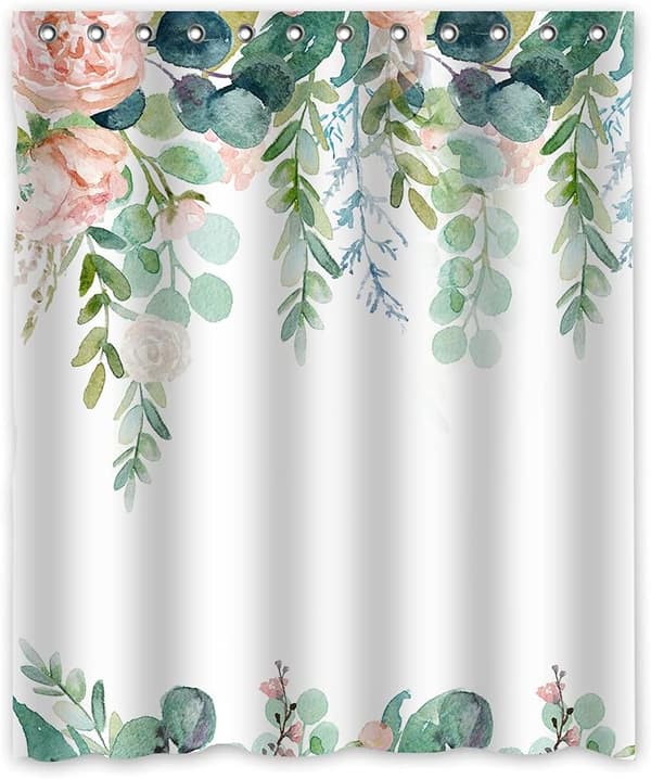 Blommande blommig duschdraperi med 12 krokar rosa blommor grönt blad