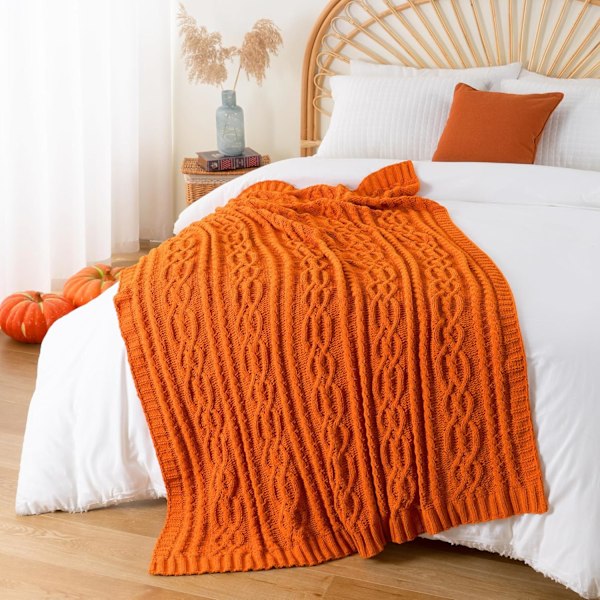 Orange filt 130 x 170 cm Varm höstfilt för soffa, Halloween filt, vävd chenille stickad filt, supermjuk, mysig, höstdekorativ filt