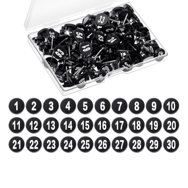 100 stk. nummererede trykknapper, sorte trykknapper i plast med hvide tal f
