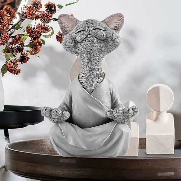 Mediterende kat i harpiks, grå kat Buddha statue meditation, yoga bud