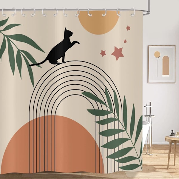 Boho bruseforhæng 180x180, Mid Century abstrakt sort kat grønne blade bue