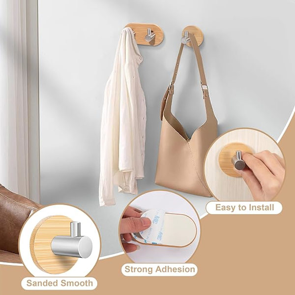 Bambubadhanddukar, Träväggmonterad Kapphängare, Självhäftande Dörrhängare, Handdukskrokar, för Badrum Kökskontor (2-pack)