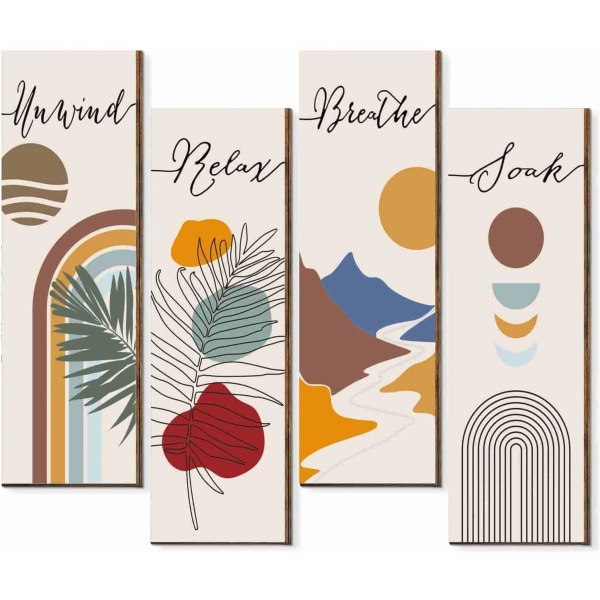 4 stk. Relax Soak Unwind Breathe skilt dekorationer Boho badeværelse træ