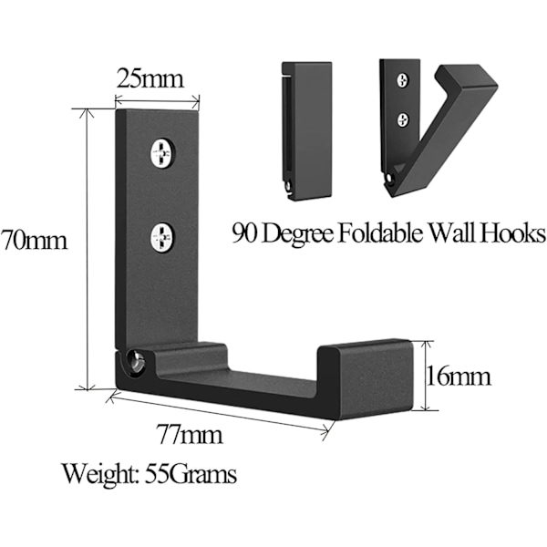 Set med 4 hopfällbara väggkrokar, aluminiumlegering 90° hopfällbara klädkrokar - Svart