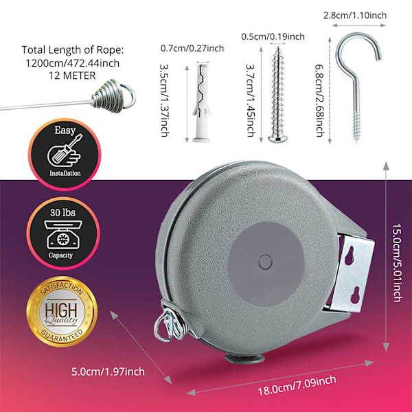 Indtrækkelig Tøjvaskesnor Vaskeri Vægge Tørretumbler Indendørs Udendørs Balkon Have Justerbar Indtrækkelig Automatisk Vaskesnor (Enkelt Reb - 12M)