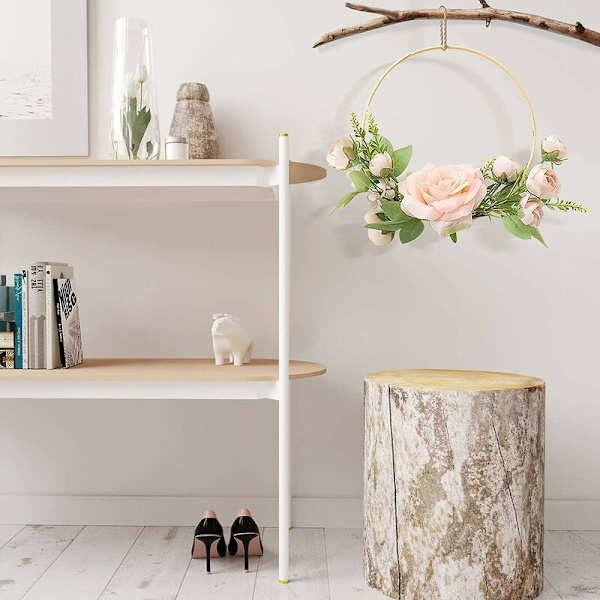 Guld hängande kransar, konstgjord blomma, rund ram, rosa ros G