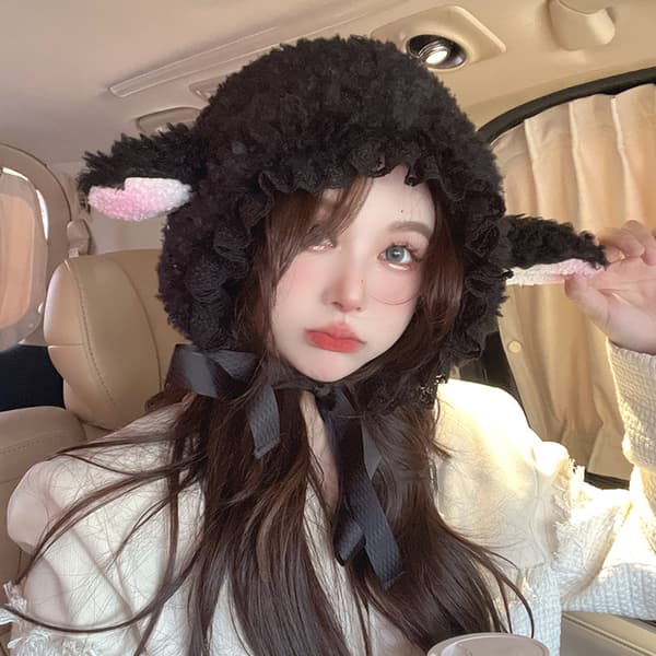 Cartoon Bear Eart Lamb Lamb Beanie med Mask Balaclava Chalaclava