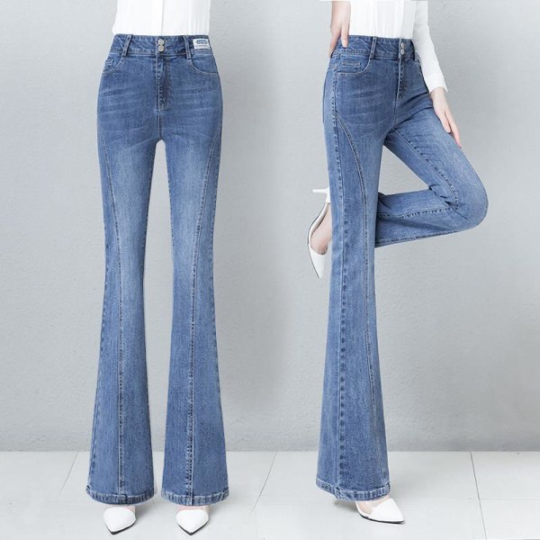 Dam vintage flare jeans hög midja denim långa byxor Bell Bott