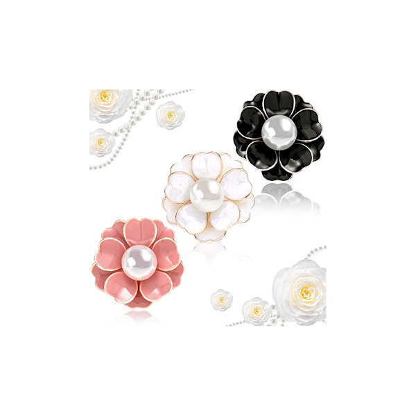 3 delar Blomma Brosch Pins Set Kvinnor Pearl Emalj Svart Vit Pi