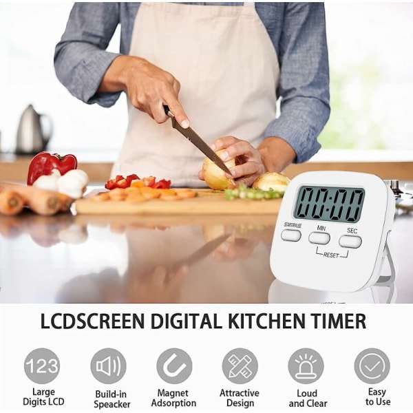 Magneettinen keittiökello isolla LCD-näytöllä, sekuntikellolla, kovalla hälytyksellä ja muilla