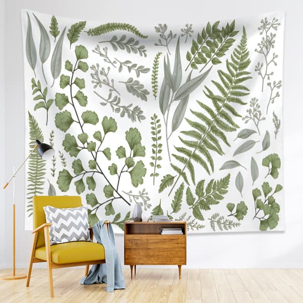 Botanisk polyestertyg gobeläng blommig och grön vit vårvägg Han