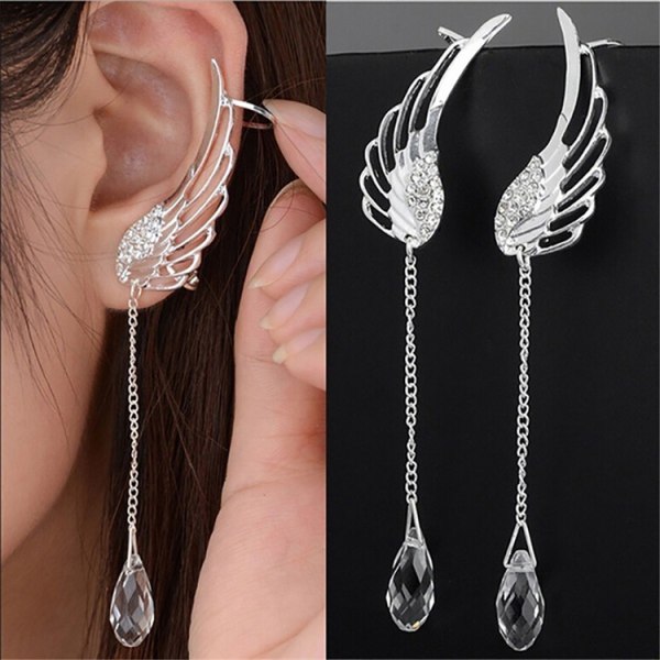 1pari Silver Angel Wing Crystal Korvakorut Drop Dangle Ear Stud Clip Cuff