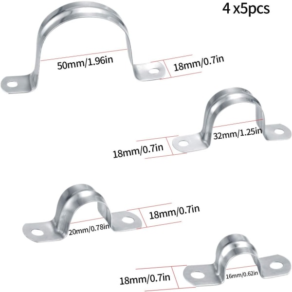 20 kappaletta putkiklipsit 304 ruostumatonta terästä, 16mm/20mm/32mm/50mm U-T