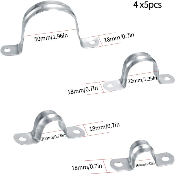 20 stk. rørklemmer i rustfrit stål 304, 16mm/20mm/32mm/50mm U-T