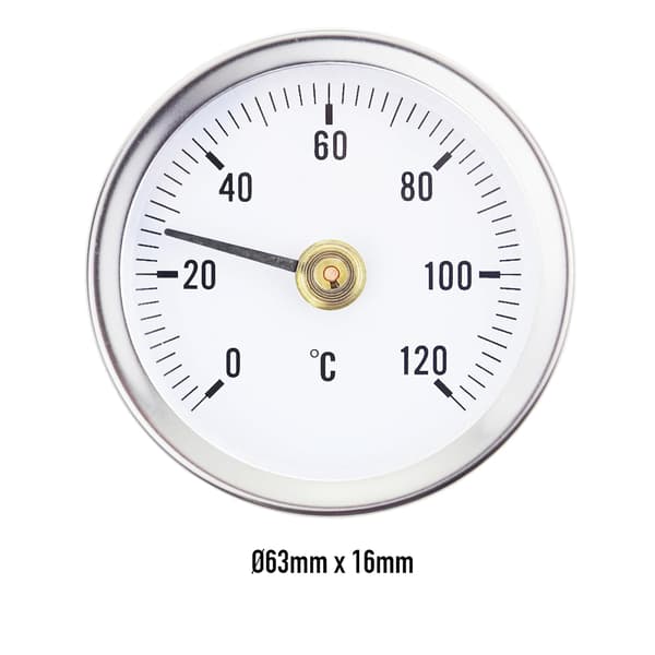 0-120° Termometer med fjær, med klips for rørmontering, bimetalloverflate i rustfritt stål - 63MM