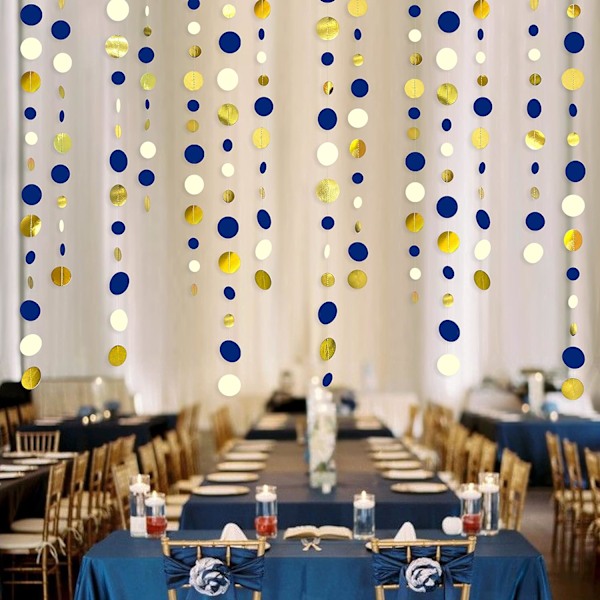 Marinblå och Guld Cirkelprickar Girlang Royal Blå Pappershängande Banner för Födelsedag Bröllop Brud Baby Shower Examen Nautisk Piratfest Dekoration