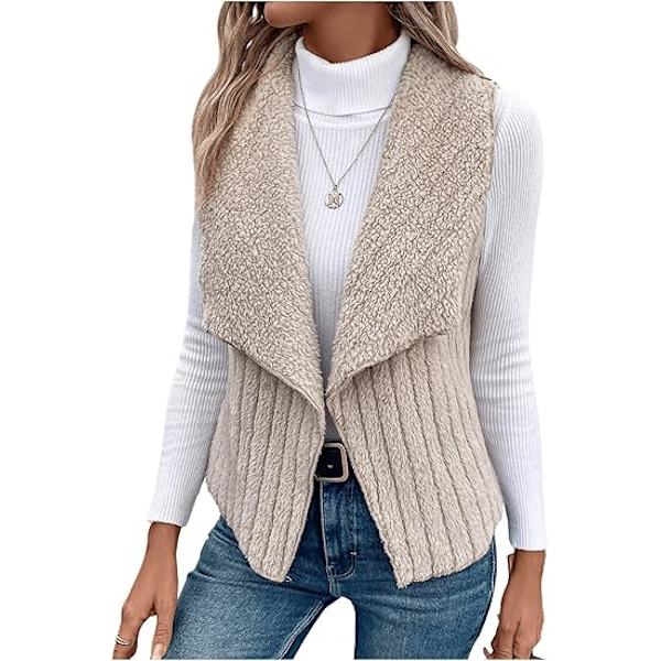 (M) Kvinners Fuzzy Fleece Cardigan Vest Vannfallskrage Ermeløs Teddyjakke