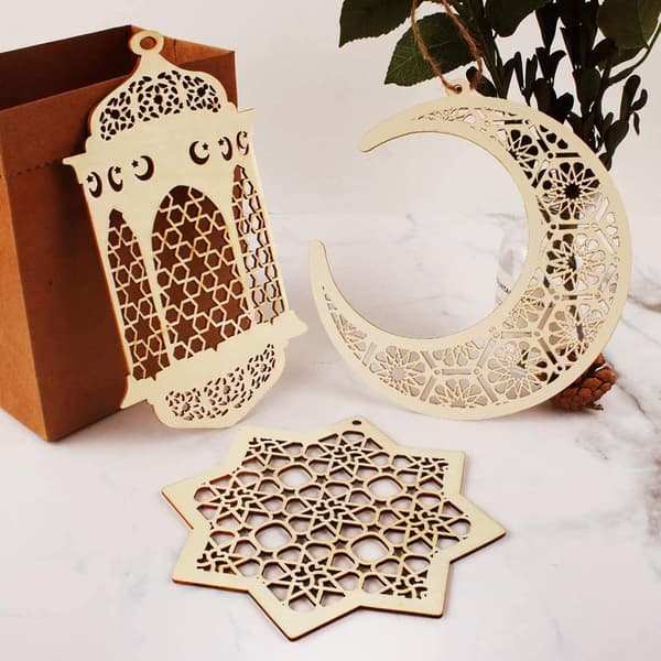 6 Stykker Træ Eid al-Fitr Ornamenter, DIY Eid Ornament Dekoration