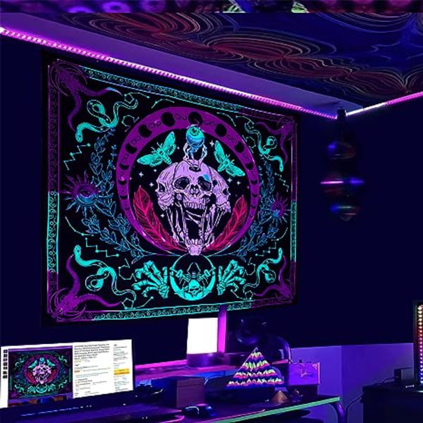 Kallo Musta UV-valoreagoiva seinävaate, UV-reaktiivinen luuranko Halloween-seinävaate, pimeässä hohtava seinävaate, trippy neon seinävaate, musta valo viileät julisteet makuuhuoneen asuntolan sisustukseen 150X100cm