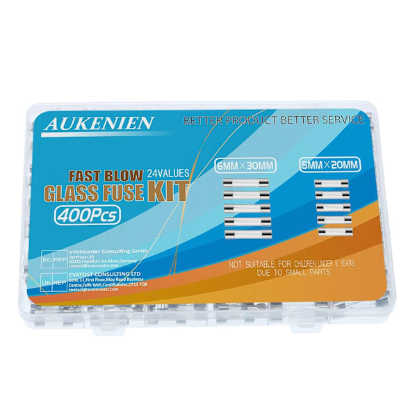 AUKENIEN 24 Værdier 400 Stykker Glassikring 5x20mm 0.25A 0.5A 1A 1.6A 2A 2.5A 3A 3.15A 4A 5A 6.3A 8A 10A 12A 15A 20A 250V 6.3x32 6x30 mm 0.5A 1A 2A 3A 5