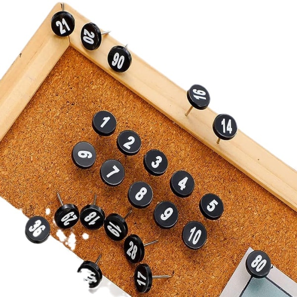 100 stycken numrerade tryckstift, svarta tryckstift i plast med vita siffror f