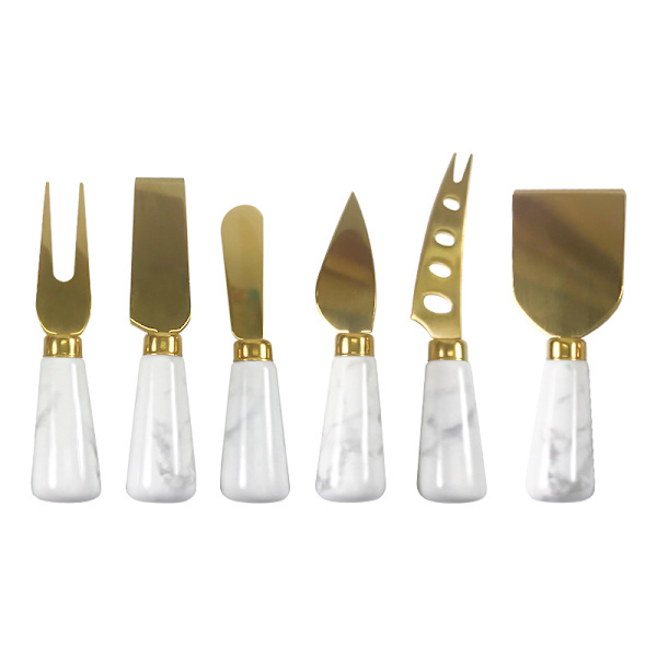 Sett med 6 gullfargede ostekniver, smøresprederkniver med marmorhåndtak, ostekutter med ergonomisk keramisk håndtak, osthøvel og gaffel til bursdag, bryllup, fest