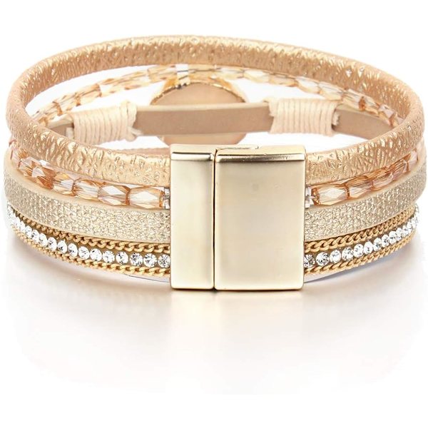 Læder Wrap Armbånd Boho Manchet Armbånd Krystal Perle Armbånd med Magnetisk Lås til Kvinder