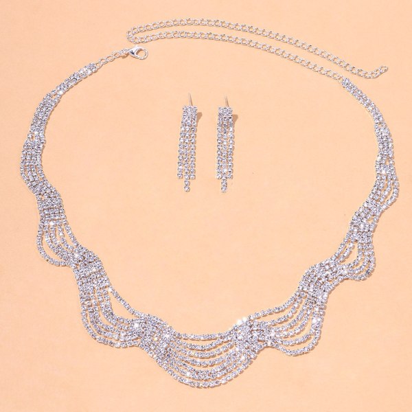 Rhinestone Crystal Bridal Floral Wave Necklace Earrings Set Silve