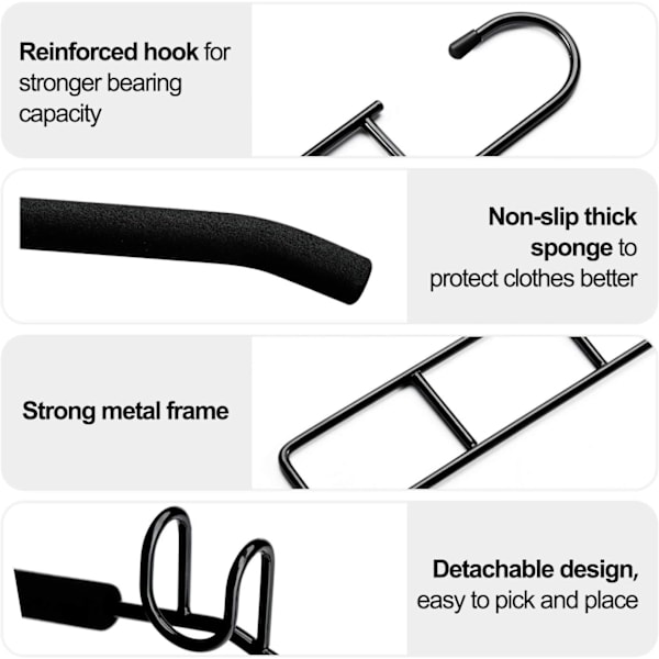 Tøjstativ - 5 i 1 Multi-Layer Metalbøjle med skridsikker svamp til jeans nederdele T-shirts bukser, Multifunktionel garderobe tøjopbevaring (sort