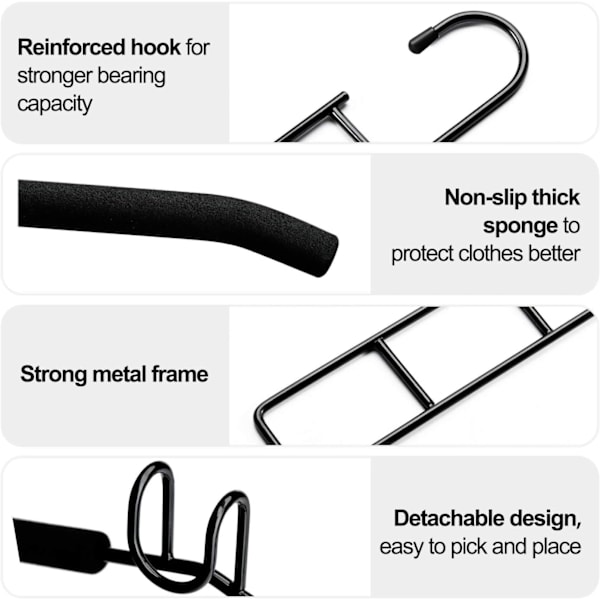 Vaateripustin - 5 in 1 monitasoinen metalliripustin liukuesteellä farkuille, hameille, T-paidoille, housuille, monitoiminen vaatekaapin vaatesäilytys (musta)