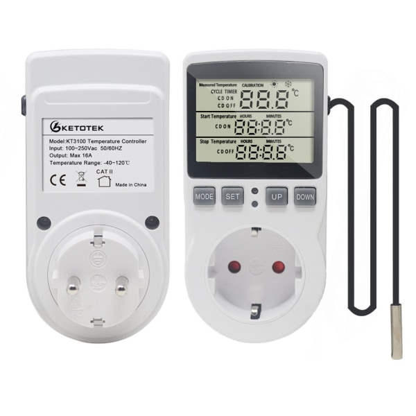 Termostatkontakt, digital temperaturregulator, digital programmerbar stikkontakt med probe, programmerbar digital timer, varme termostatkontakt for drivhus, akvarium