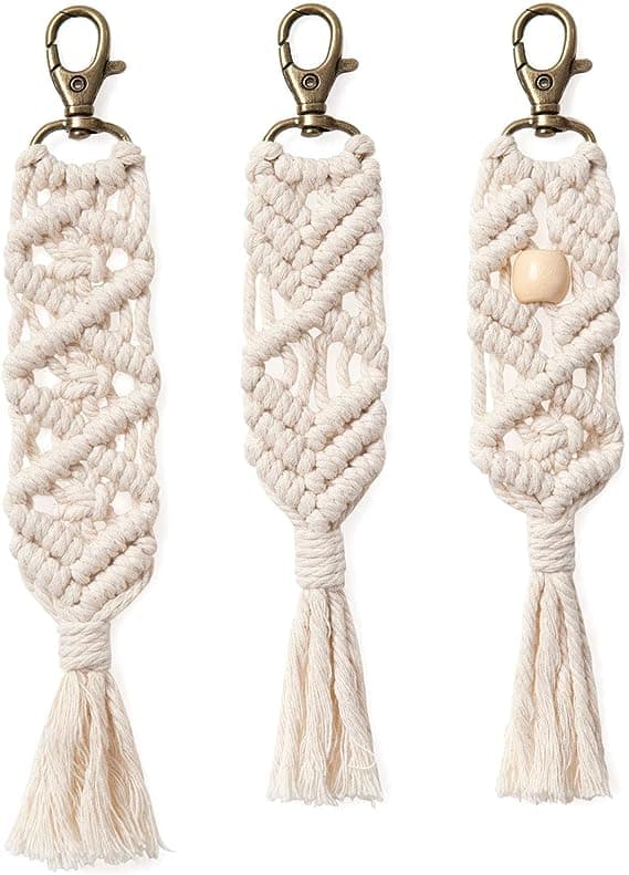 Mini Macrame Nyckelringar Boho Macrame Väska Charms med Tofsar Söta