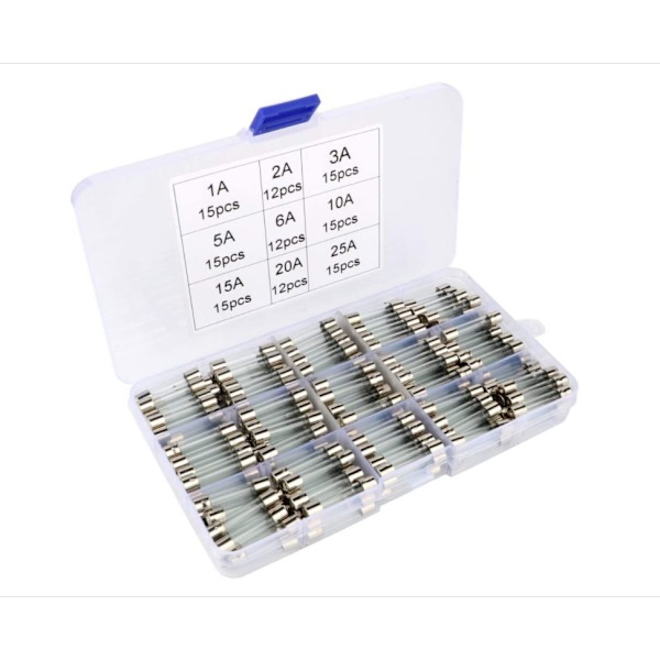 Assorteret 126 stk. glassikringssæt, 6 x 30 mm glaspatronsikring, hurtig blæsning