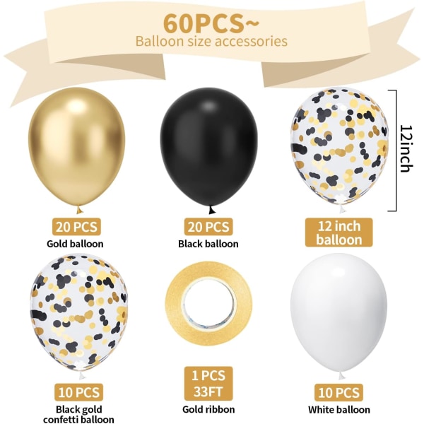 Svart guld konfetti latex ballonger, 60 pack 12 tum svart metalli