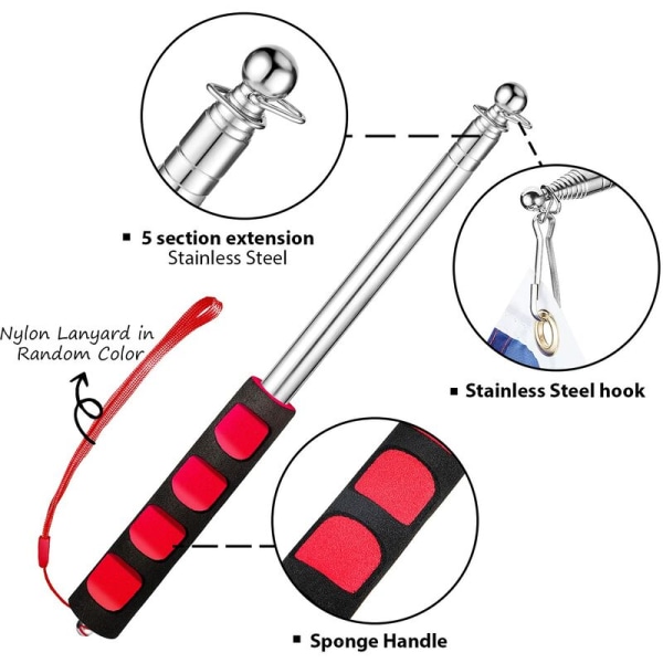 Mâts de Drapeau Télescopique Mât Drapeau à Main Acier Inoxydable