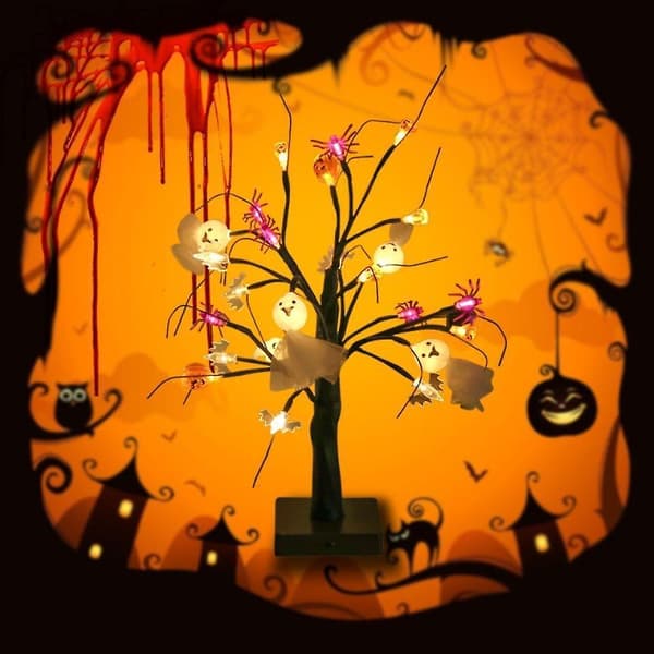 LED Halloween Græskar Spindel Birk Træ Lys Dekoration