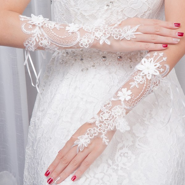 Long Fingerless Bridal Gloves Ivory Lace Floral Gloves Rhinestone