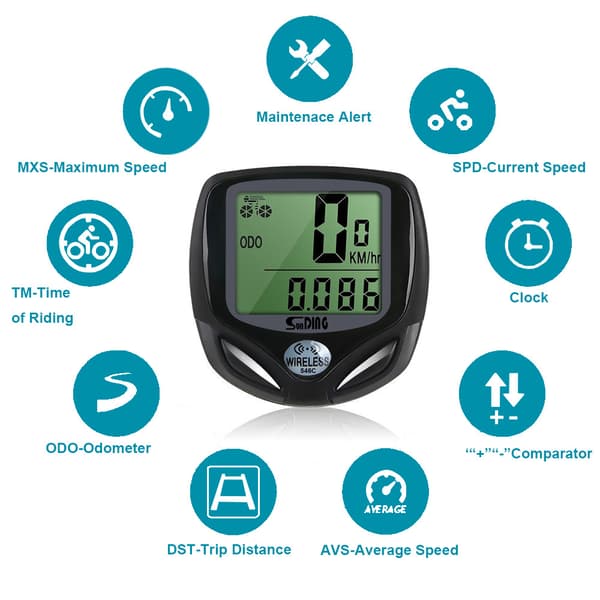 Trådlös cykelcomputer Vattentät cykeltacho Funktioner LCD Odometer