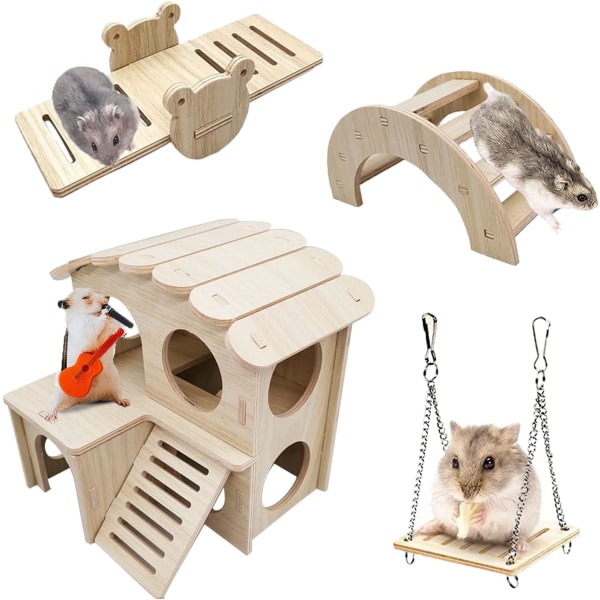 Set med 4 hamsterleksaker i trä, hamsterspel inklusive hamster Hou
