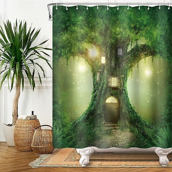 180x180cm Magisk Træhus Bruseforhæng Fantasy Skov Træ Grene Græs Badeforhæng Natur Fe Rige Badeforhæng til Børnebadeværelse med Kroge