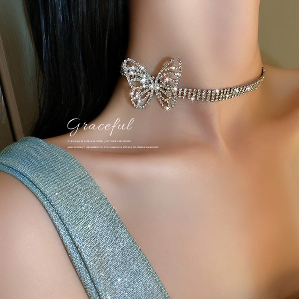 Sommerfugl Choker Halskæde Funklende Krystal Rhinestone Smykker