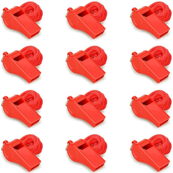 Röda nödvisselpipor med snöre, högt och skarpt ljud, 12-pack