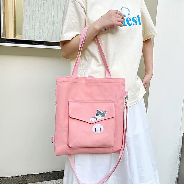 Medium bomullslerret tote handlepose for dagligvarer, arbeid, studier, skulderpose, 1 stk. - rosa