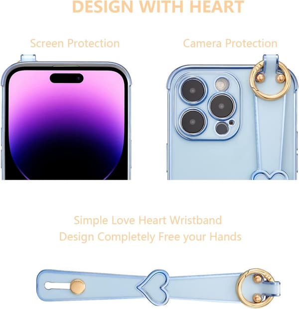 Designet for iPhone 14 Pro Max 6,7 tommers deksel med håndleddsrem, plating kant L