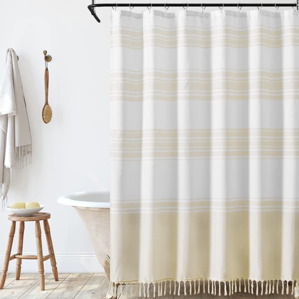 Beige duschdraperi för badrum Stripe Knotted-Tassel duschdraperi Naturlig linne