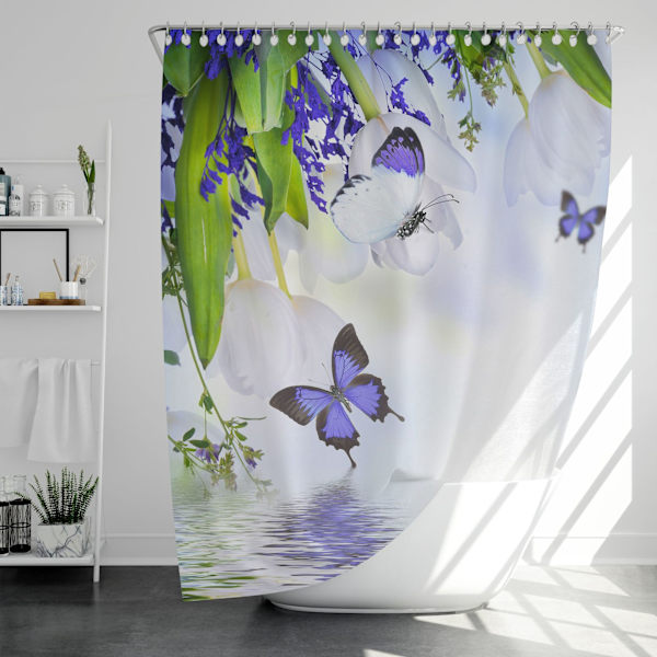 Blommig Duschdraperi Lila Fjäril Vit Tulpan Modern Naturlig