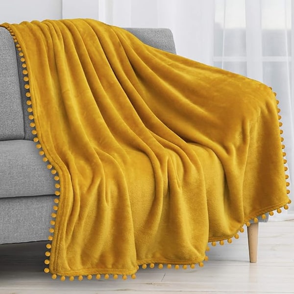 100*120cm Fleece Throw Blanket for Couch with Pom Pom Fringe, Mustard Yellow, Soft Cozy Fuzzy Flannel Blanket for Sofa Bed, Lightweight Plush All Sea