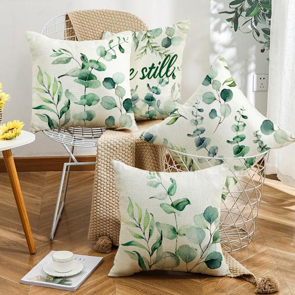 Set med 4 stycken kuddfodral med gröna växter och bladmönster 45 x 45